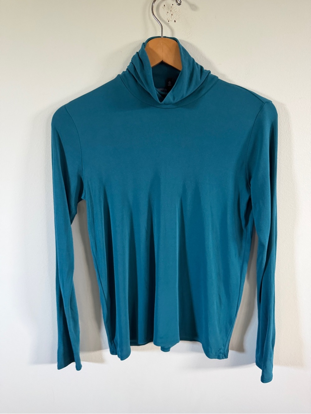 Eileen Fisher Teal Long-Sleeve Turtleneck blouse lightweight 100% silk Top XS